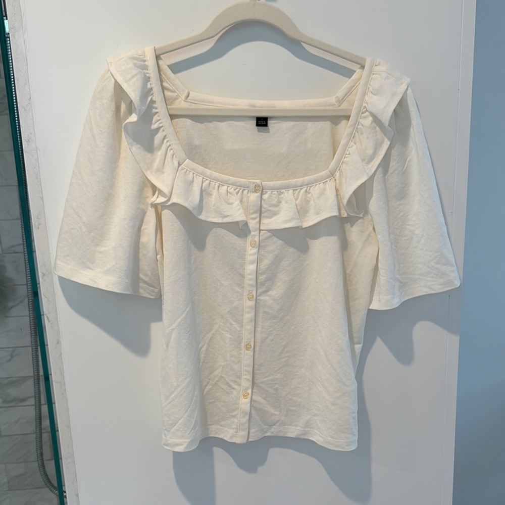 Ann Taylor Cream Ruffle Button-Down Top